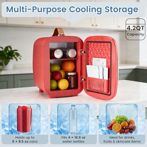 NEWBULIG Mini Fridge for Bedroom, Office & Car, Portable 4L/4.23QT Mini Refrigerator for Skincare with Handle, Ultra-Quiet Energy-Saving Compact Cooler for Drinks, Food, Skincare & Makeup, 12V AC/DC — view 2