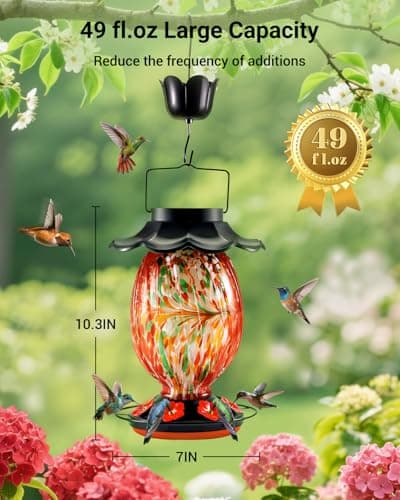 HouseSapp Solar Hummingbird Feeder - 49 fl.oz Hand Blown Glass Color Changing - 7 Feeding Ports with Perch - Never Leak - Perfect Hummingbird Feeder for Outdoors Hanging (Red) — view 3