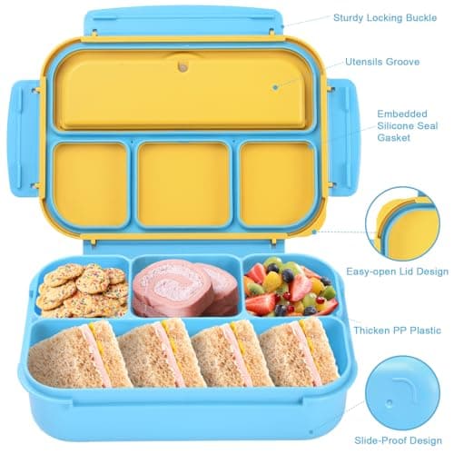 shell and turtle Bento Box for Kids Girls Boys, Bento Box Adult Lunch Box with 4 Compartments, Lunch Containers with Utensils, Sauce Jar, Muffin Liners for School, 40 Oz/5 Cup, Blue — view 2