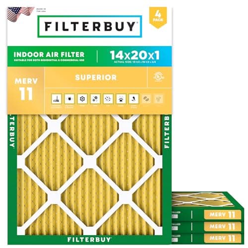 Filterbuy 14x20x1 Air Filter MERV 11 Superior Pet & Allergy Defense (4-Pack), Electrostatic Pleated HVAC AC Furnace Filters Replacement, Made in USA (Actual Size: 13.50 x 19.50 x 0.75)