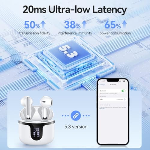 Wireless Earbuds, Bluetooth 5.3 Headphones Deep Bass Stereo Sound with ENC Noise Cancellation Wireless Headphones with 50H Playback and LED Display, IPX7 Waterproof Ear Buds White — view 3