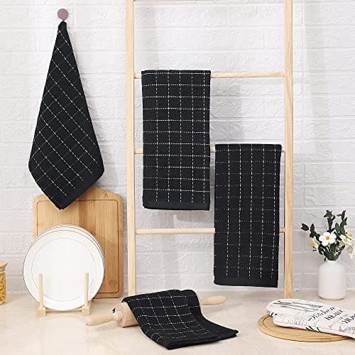 Homaxy 100% Cotton Terry Kitchen Towels(Black, 13 x 28 inches), Checkered Designed, Soft and Super Absorbent Dish Towels, 2 Pack — view 5