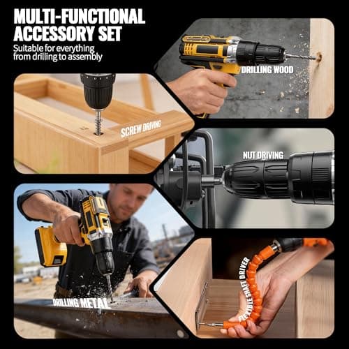 21V Cordless Drill Driver: 3/8" Keyless Chuck, Electric Power Drill Set with 2×Batteries, Drill and Driver Bits, 25+1 Torque for Screwdriving, Drilling into Wood/Plastic/Metal — view 4