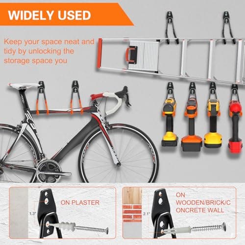 Garage Hooks Heavy Duty Utility Steel with Anti-Slip Coating Wall Mount Storage Organizer for Hanging Power and Garden Tools, Ladders, Hose, Bikes, Ropes, Bulk Items, and More (12 Pack Orange) — view 3