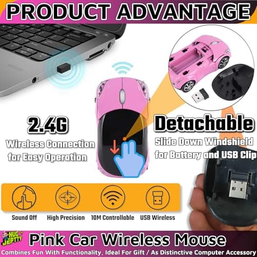 HUGJEPTTY Pink Wireless Mouse，1600DPI 2.4G with USB Reciver Car Mouse for Computer Wireless Computer Mouse Wireless USB Wireless Mouse for Laptop Computer Tablet for Windows for Mac OS（Pink） — view 3