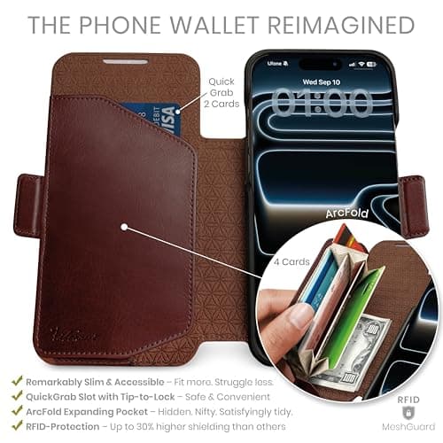 Dreem Wallet Case for iPhone 17 Pro Max, Revolutionary Vert/Hor Phone Stand, Magnetic Detachable Vegan Leather Flip Cover RFID Blocking Card Holder, MagSafe-Fit, Gift Box [Fibonacci: Coffee]