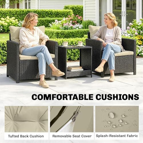 Outsunny 3 Piece Wicker Patio Furniture Set, PE Rattan Outdoor Bistro Set with Armchairs, 2-Tier Glass-Top Table, Cushions, Outdoor Conversation Furniture for Porch Balcony, Beige — view 4