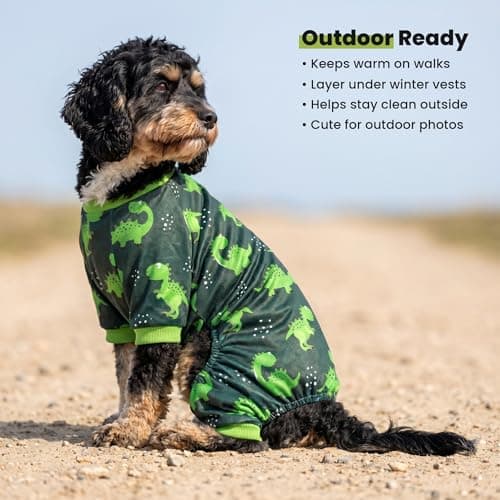 Fitwarm Dinosaur Dog Fleece Pajamas, Warm Clothes for Small Dogs Boy, Cozy Pet Onesie with Feet, Dark Green, Bright Green, Small — view 7
