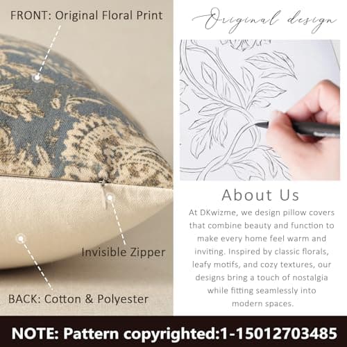 Vintage Floral Print Throw Pillow Covers 18x18 Set of 2 Neutral Modern Farmhouse Pillowcases Accent Decorative Cushion Covers Boho Home Decor for Couch Sofa Chair Bed Living Room, Dusty Blue — view 2
