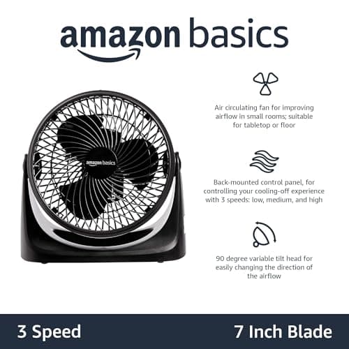 Amazon Basics Air Circulator Fan, Desk Fan for Bedroom, Home and Office, With 90-Degree Tilt Head, 3 Speed Settings, Lightweight (3 LBS), 35 Watts, Black, 11.1"W x 6.3"D x 10.9"H