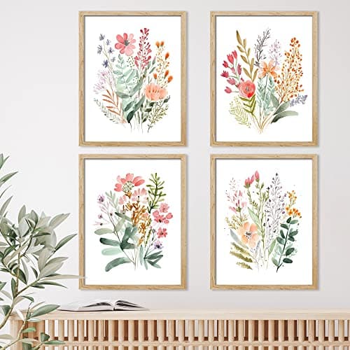 SIGNWIN Framed Colorful Wildflower Forest Bouquet Wall Art, Set of 4 Nature Wilderness Wall Decor Prints, Botanical Floral Wall Décor for Living Room, Bedroom - 8"x10" Natural