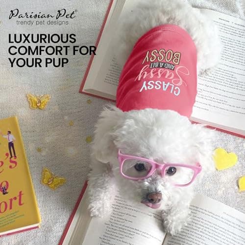 Parisian Pet Dog T-Shirt with Embroidered 'Classy, Sassy and Bit Bossy' Words - 100% Cotton, Pink Dog Shirt - Cute Pet Vest - Machine Washable Dog Clothes for Medium-Sized Dogs - M — view 4