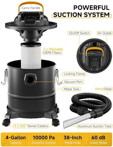 Cordless Ash Vacuum for Pellet Stoves, for DEWALT 20V Max Battery, Pellet Stove Vacuum Cleaner with 2 HEPA Filters, Powerful Suction, 4 Gallons & 4 Wheels, 38" Hose for Wood Fireplaces, BBQ Grills