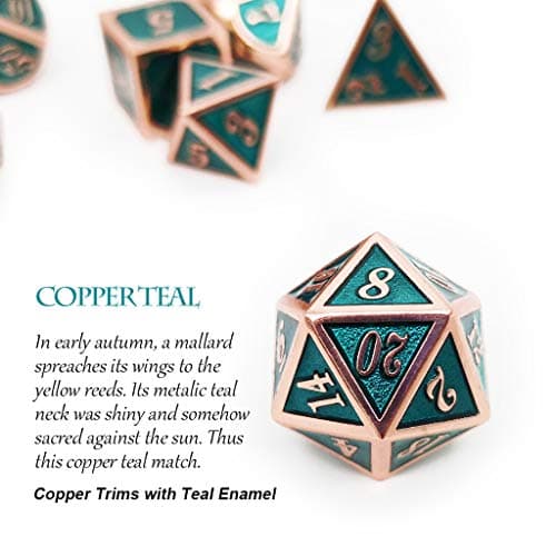 Haxtec D&D Metal Dice Set of 7 Die for Dungeons and Dragons Roleplaying Games-Copper Teal Metal Dice — view 6