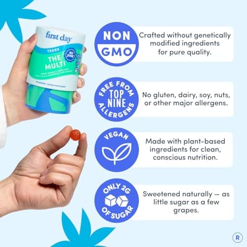 FIRST DAY Vitamins for Teens - Teen Multi Vitamins for Girls & Boys 12-17, Organic Fruit & Veggie Blend - 12 Key Nutrients: Vitamins A, B1, B2, B6, B9, B12, C, D3, E, K2-30 Day Supply — view 6