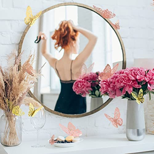 Nelotaor 72 Pcs Butterfly Wall Decor, 3 Styles 3 Sizes 3D Butterfly, Gold and Rose Gold Butterfly, Wedding Decorations, Birthday Party Decorations, Girls Bedroom Decoration(72 Pcs, Gold and Rose Gold) — view 8