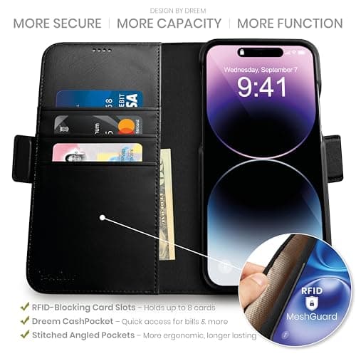 Dreem Wallet Case for iPhone 14 Pro Max, 2 Way Phone Stand, Magnetic Detachable Vegan Leather Flip Cover RFID Blocking Card Holder, MagSafe-Fit, Gift Box [Fibonacci: Black]