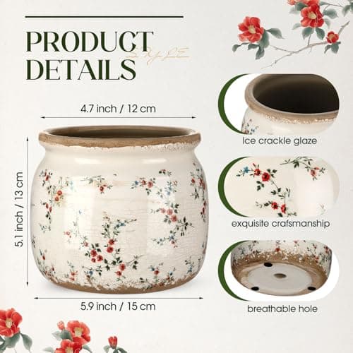 Ninehaoou Vintage Planter Large Ceramic Plants Pot Beige Red Rustic Floral Ice Crack Cottage Scroll Vase Flower Vase Pot Indoor Plants Home Kitchen Decor Farmhouse Antique Decorative Gifts