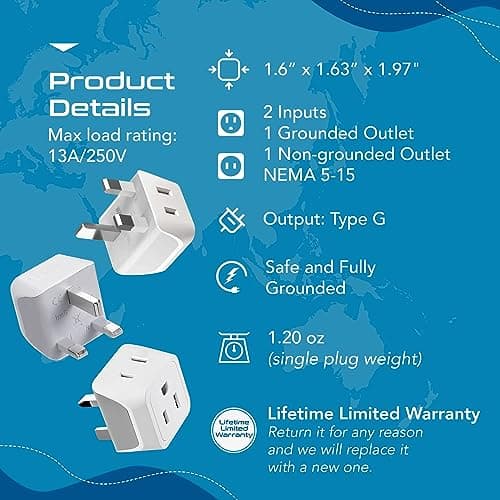Ceptics UK Travel Plug Adapter, 2 in 1 Type G Adapter, US to UK Adapter, Ireland, Dubai Travel Adapter with Dual USA Inputs, CE, RoHS - HK Outlet Adapter, 3 Pack — view 3
