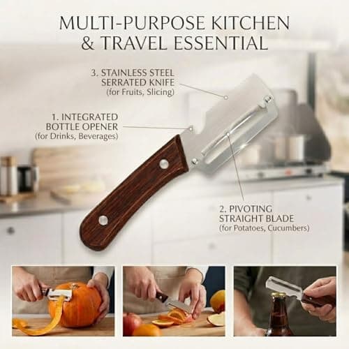 Multi-Functional Vegetable Peeler for Kitchen,Vegetable peelers Wooden Handle, 3-in-1 Premium-Grade Fruit & Vegetable Peeler with Fish Scaler & Bottle Opener for Carrot Apple (2PCC) — view 3