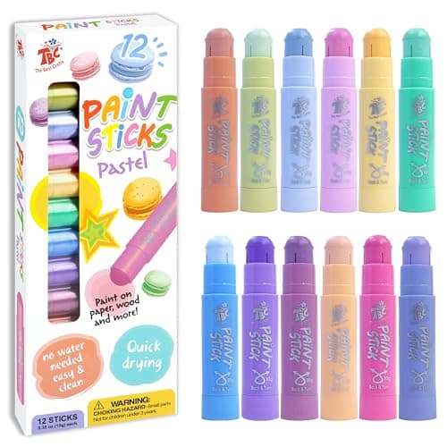 TBC The Best Crafts Paint Sticks, 12 Colors Pastel, Washable, Non-toxic, Tempera Paint Sticks for Kids and Students