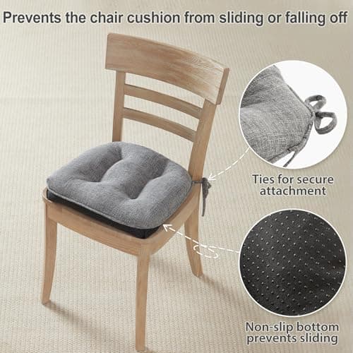 Quilmfoam 16.5"x15.5" Kitchen Chair Cushions Set of 4 for Dining Chair, Soft Tufted Non-Slip Memory Foam Seat Cushion with Ties for Indoor Kitchen Dining Furniture, Dark Grey — view 3