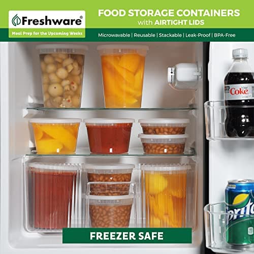 Freshware Food Storage Containers with Lids [60 Pack 8, 16, 32 oz, 20 sets each size] Plastic Deli Containers, Meal Prep Containers, Microwave and Freezer Safe, Stackable, Leakproof, BPA Free, Clear — view 6