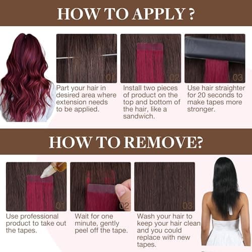 GOO GOO Tape in Hair Extensions Human Hair, Burgundy Red 10pcs 25g 16inch, Colored Tape ins Human Hair Extensions, Straight Remy Hair Highlighted for Party, Silky&Soft Invisible Tape Ins — view 4