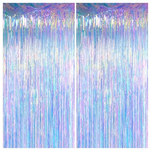 Melsan Iridescent Foil Fringe Backdrops Party Decorations - 2 Pack 3.2 x 6.5 ft Metallic Tinsel Photo Backdrop Curtains for Mermaid Unicorn Birthdays Parties - Iridescent 2 Packs
