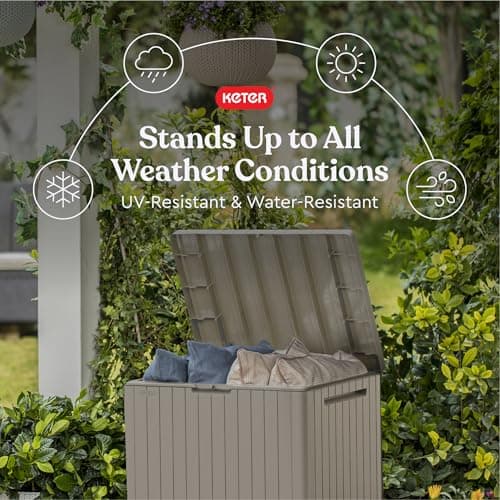 Keter City 30 Gallon Resin Outdoor Storage Box and Patio Furniture Side Table for Pool and Garden Accessories, Beige — view 2