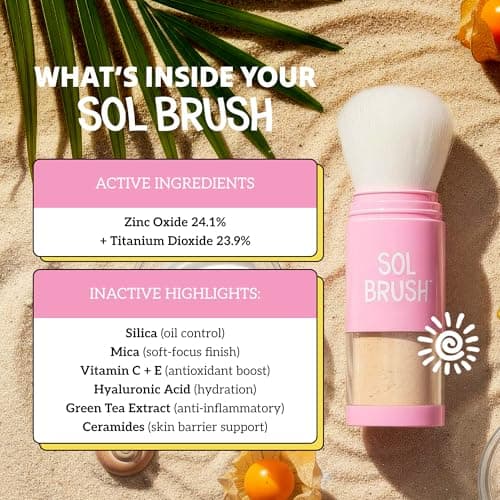 Sol Brush SPF 50 Mineral Sunscreen Powder, Broad Spectrum UVA/UVB Protection Sunscreen, Mess Free Brush On Applicator, Clean & Cruelty Free, Water Resistant (80 Minutes), Pink, Fair — view 3