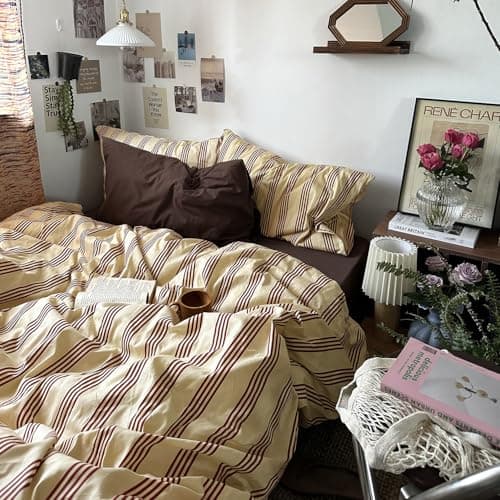 mixinni Retro Striped Duvet Cover Set Queen - 100% Natural Cotton 3-Piece Vintage Red Stripes Pattern Printed Bedding Set, Soft Breathable Comforter Cover with Zipper Closure & Corner Ties, Queen Size — view 4