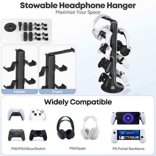 Controller & Headset Holder Stand for Desk, with Charger Cable Organizer Headphone Stand for PS5/ Xbox/ PS4/ Switch, Metal Base Controller Hanger Hook for Storage Earphones, Game Console, Mobile Phone — view 3