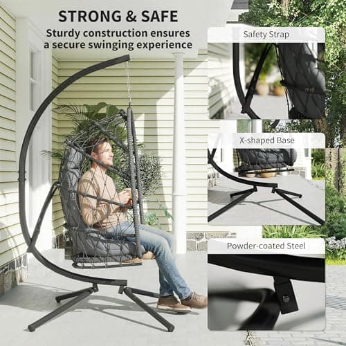 Outsunny Hanging Egg Chair with Stand, Foldable Wicker Rattan Swing Chair with Thick Cushion and Safety Rope for Patio Garden, Supports 264 lbs, Dark Grey — view 5
