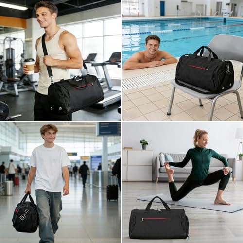 Gym Bag with Shoe Compartment, Gym Bag with Waterproof Wet Towel Pocket, Travel Duffel Bag for Men Women, Black, Minimalist and modern style — view 5