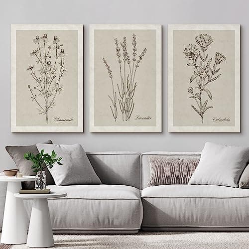 NWT Canvas Print Wall Art Set Retro Vintage Antique Garden Wildflowers Nature Wilderness Illustrations Modern Art Decorative Minimalist Floral Botanical Flowers for Bedroom - 24"x36" x 3 — view 3