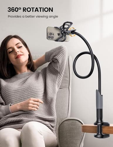 Lamicall Gooseneck Phone Holder for Bed - Cell Phone Mount Clamp Clip, Flexible Long Arm, Overhead Mount for Desk Headboard Bedside, Gifts for iPhone Air 17 Pro Max, 16 15 14 Pro Max and 4-7" Phone — view 2