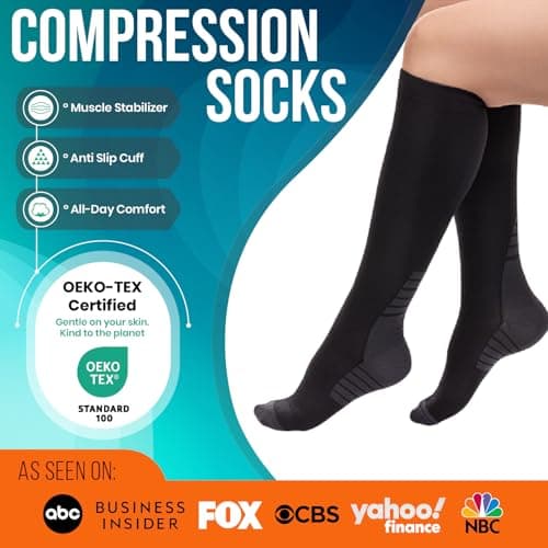 PhysFlex Compression Socks for Women and Men - Best Support for Running, Flying, Pregnancy - Knee High Graduated Compression Stockings (Black/Dark Grey, S/M) — view 2