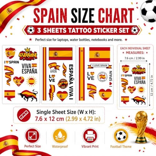Vaollousia Temporary Tattoos Spain Flag forWorld Cup 2026, National Country Flag Tattoo Stickers, Soccer Fan Party Face Body Tattoo, Waterproof Football Fan Accessories for Adult Kid Cheek Arm Hand