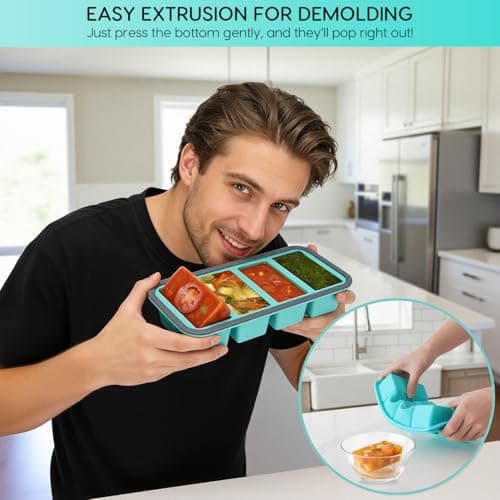 2 Pack Silicone Soup Freezer Containers with Lids, Soup Freezer Mold, Ice Trays for Freezer, Ice Cube Tray for Storing 250mL/125mL Broth, Soup, Leftovers, Sauce, Makes 8 1-Cup Portions Cubes — view 3