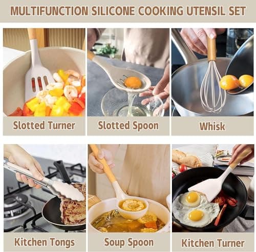 Umite Chef Kitchen Cooking Utensils Set, 33 pcs Non-Stick Silicone Cooking Kitchen Utensils Spatula Set with Holder, Wooden Handle Silicone Kitchen Gadgets Utensil Set (Khaki) — view 2