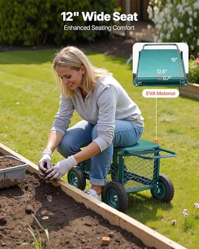 VEVOR Rolling Garden Cart with Seat, Metal Rolling Garden Work Seat with Wheels, Supports up to 400 LBS, Heavy Duty Gardening Cart Scooter, Outdoor Wagon & Stool on Wheels for Lawn, Patio, Backyard — view 3