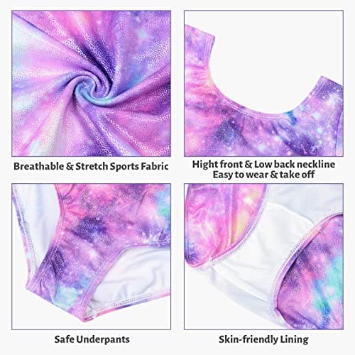 JiAmy Gymnastics Leotards for Girls, Long Sleeve Biketards Sparkly Dance Unitard with Shorts Athletic Bodysuit Outfit for Kids, Purple 6-7 years — view 3