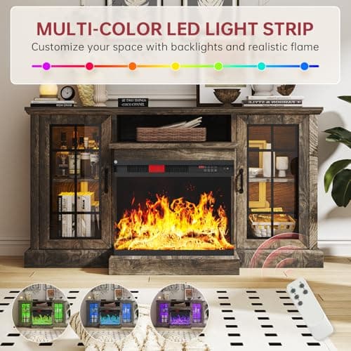 oneinmil 59" Fireplace TV Stand, 3 Sided Glass Media Entertainment Center Console Table for TVs up to 65" with Glass Door Adjustable Flame LED Color for Living Room, Set of TV Table, Grey — view 2