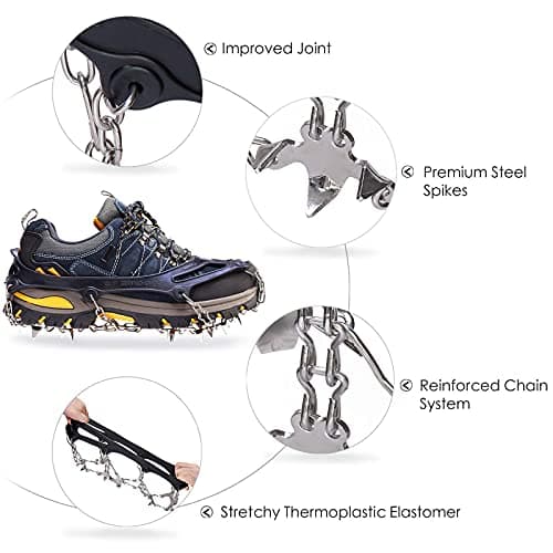 Traction Cleats Ice Snow Grips Crampons Shoes Boots Anti Slip 18 Stainless Steel Spikes Safe Protect for Walking Hiking Fishing Jogging Climbing Mountaineering New Upgraded L — view 2