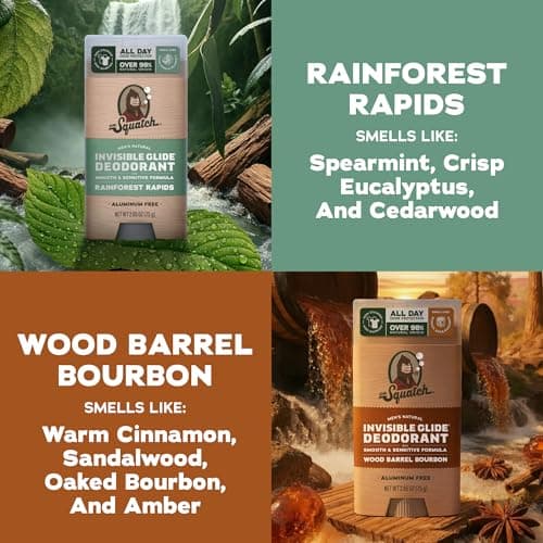 Dr. Squatch Invisible Glide Natural Men’s Deodorant – Smooth Glide, No Stains – Aluminum Free Deodorant Men – Safe for Sensitive Skin – Wood Barrel Bourbon + Rainforest Rapids, 2.65oz (2-Pack)