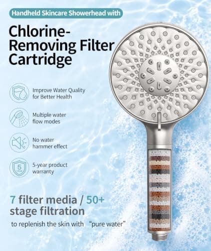 SR SUN RISE Filtered Shower Head with Handheld, High Pressure 9 Spray Mode Brushed Nickel Showerhead with Filters, Detachable Shower Head,Water Softener Filters Beads for Hard Water - Remove Chlorine