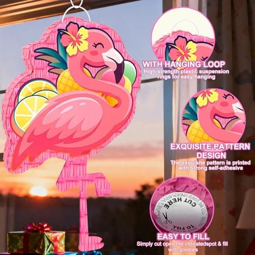 4 In 1 Flamingo Piñata, 23'' Hawaiian Piñatas Bundle, Tropical Hawaiian Party Decor Stick etc Flamingo Party Favor Bag Fillers Decorations — view 2