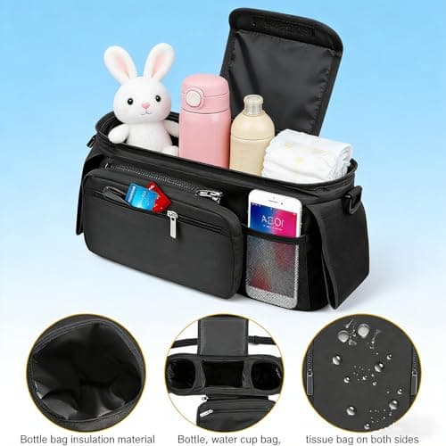 Black Stroller Organizer with Insulated Cup Holders, Universal Stroller Caddy Bag with Adjustable Straps, Tissue Pocket, Phone Pocket and Multi Compartment Storage — view 3