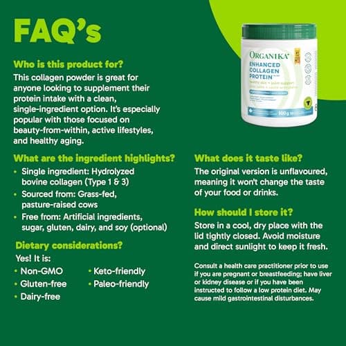 Organika Enhanced Collagen Peptides Powder (Type 1 & 3) – 10g Per Serving for Hair, Skin, Nails & Joints – Canadian-Made, Grass-Fed, Non-GMO, 500g — view 7